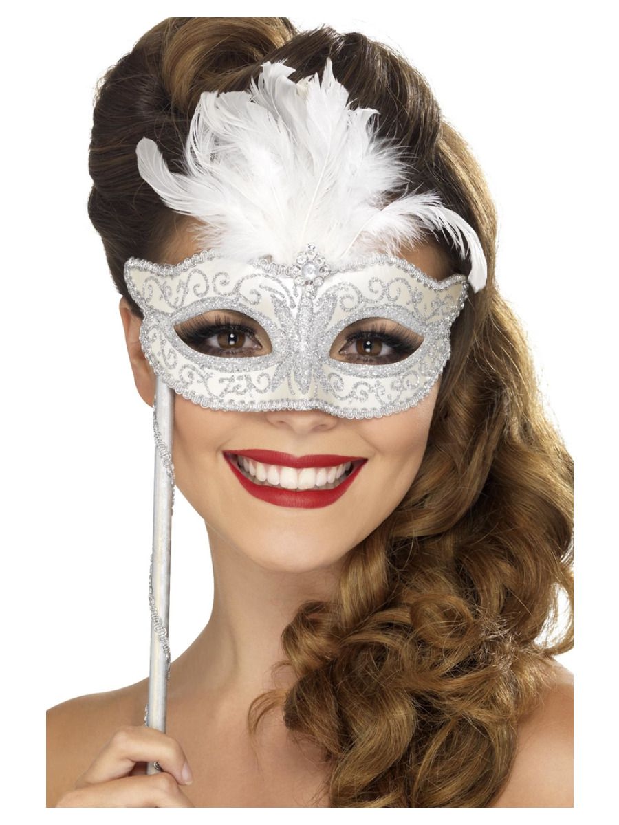 Eye mask in baroque style, silver, on a stick