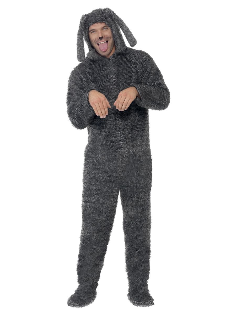 Dog costume, hooded jumpsuit, fluffy, grey (M)