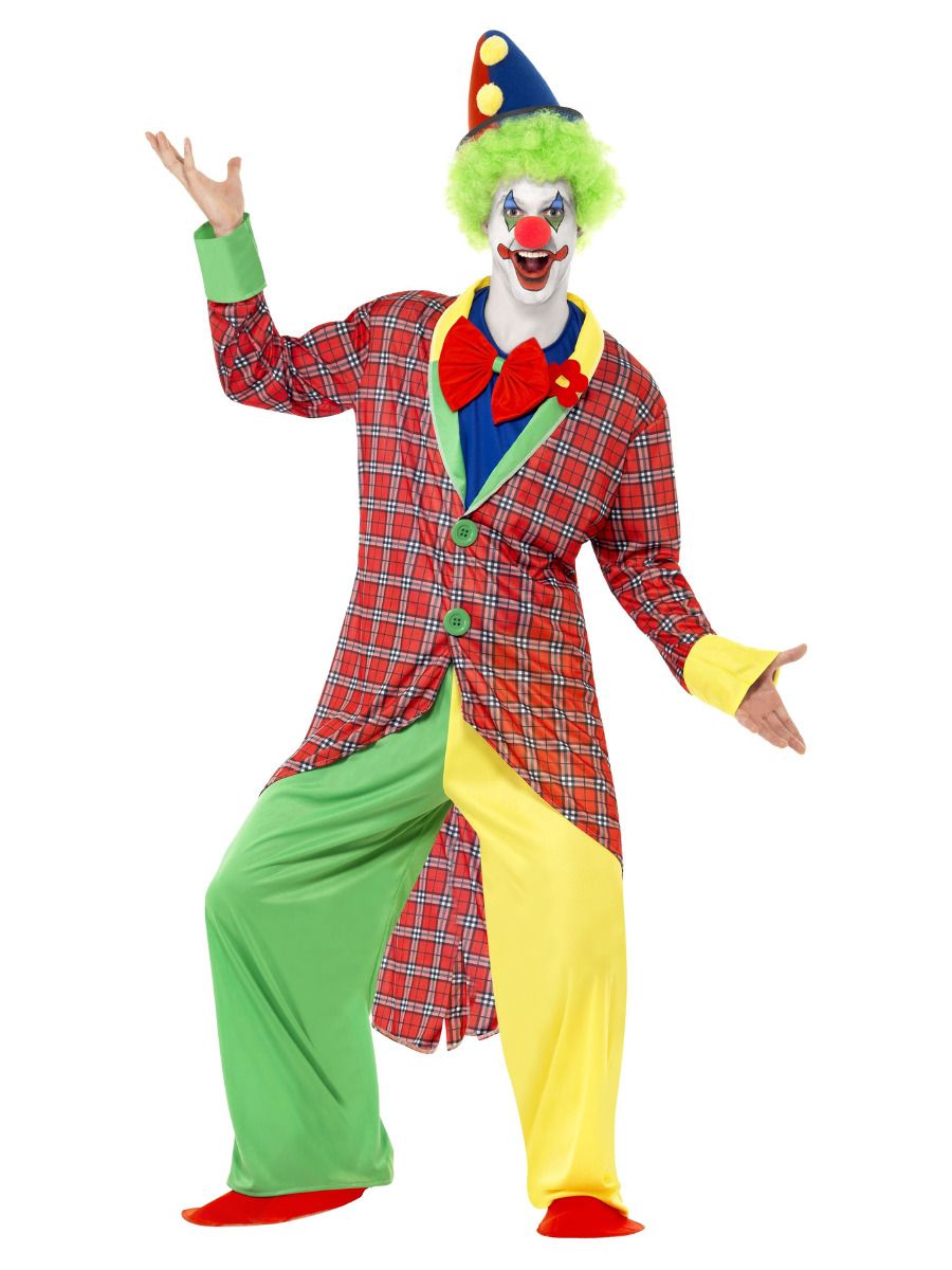 Circus clown costume, jacket, hat, mock shirt, bow tie and shoe covers (L)