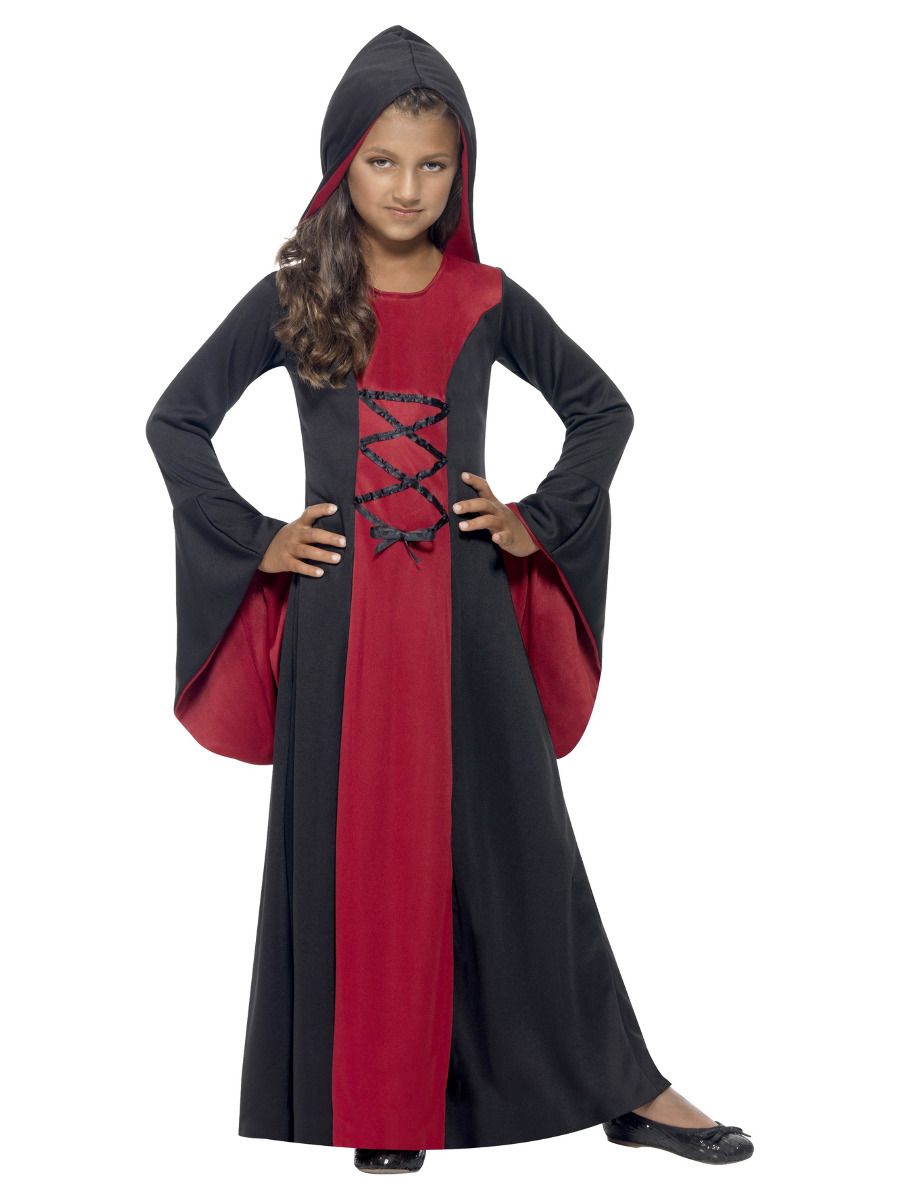 Vampire costume, hooded dress, for girls, black-red (L)