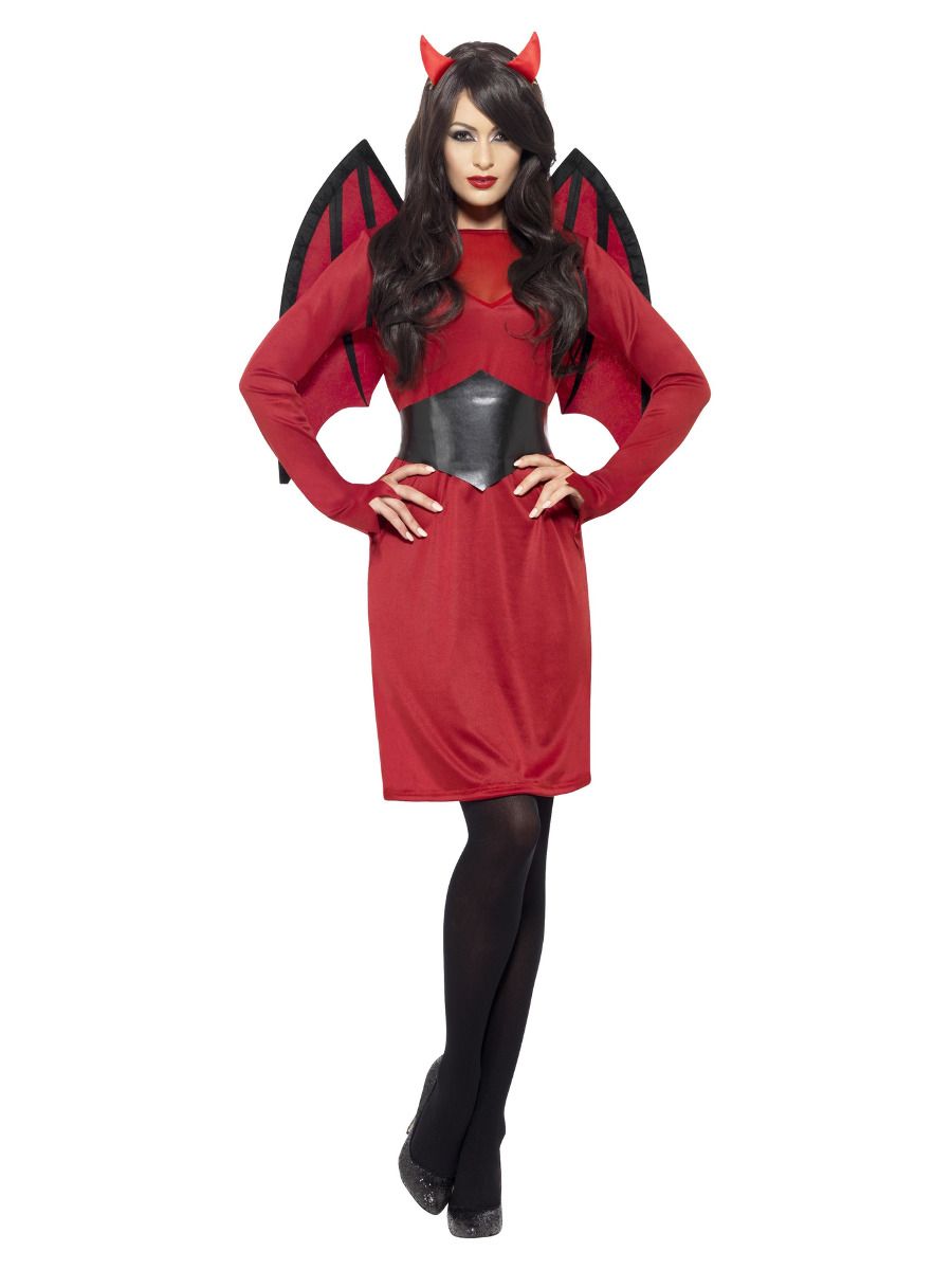 Devil costume, dress, wings, belt and horns, red (L)