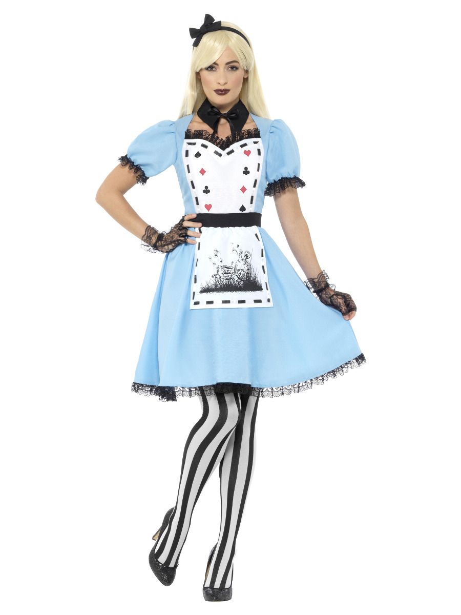 Tea party costume, dress with apron, collar, tights and headband, blue (M, 40-42)