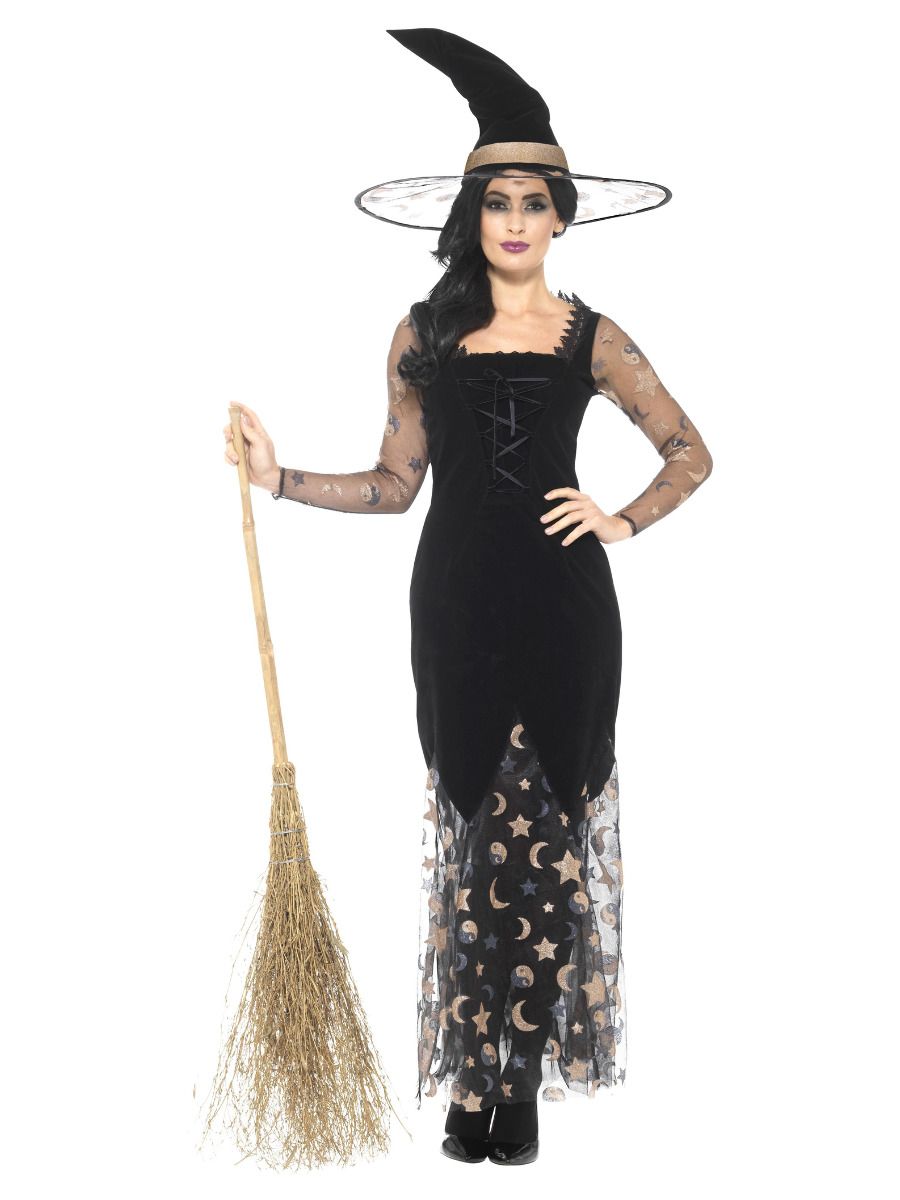 Witch costume, dress with moon and stars, hat, gold-black (M, 40-42)