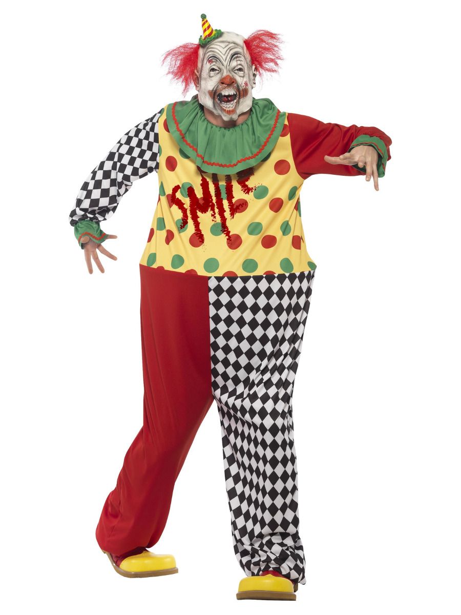 Kurja klouni kostüüm, jumpsuit koos keskkoha rõngaga, lateks mask (M)