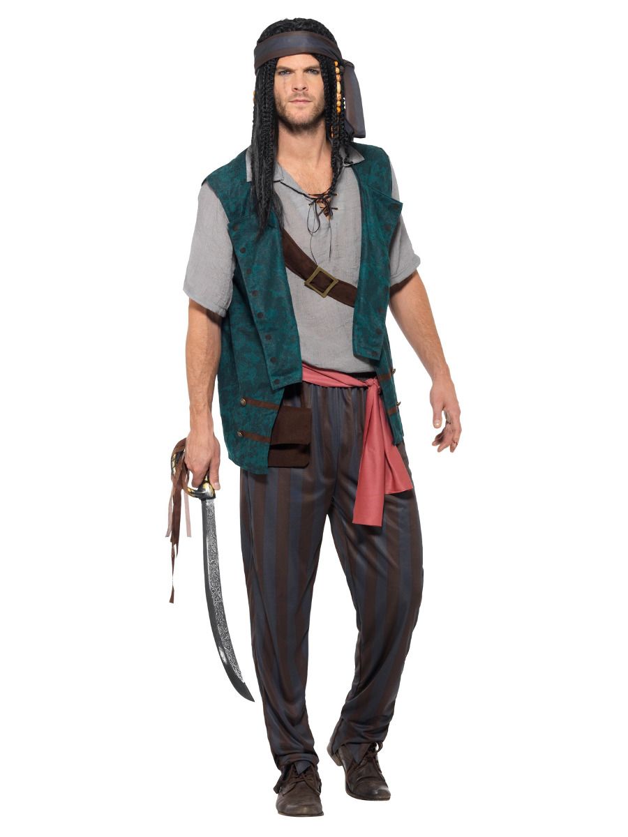 Pirate costume, pants, shirt, vest, tie, bag, headband (L)