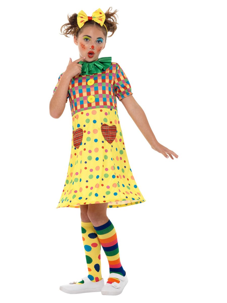 Clown costume, dress, headband and scarf, for girls (M, 130-143 cm, 7-9 years)