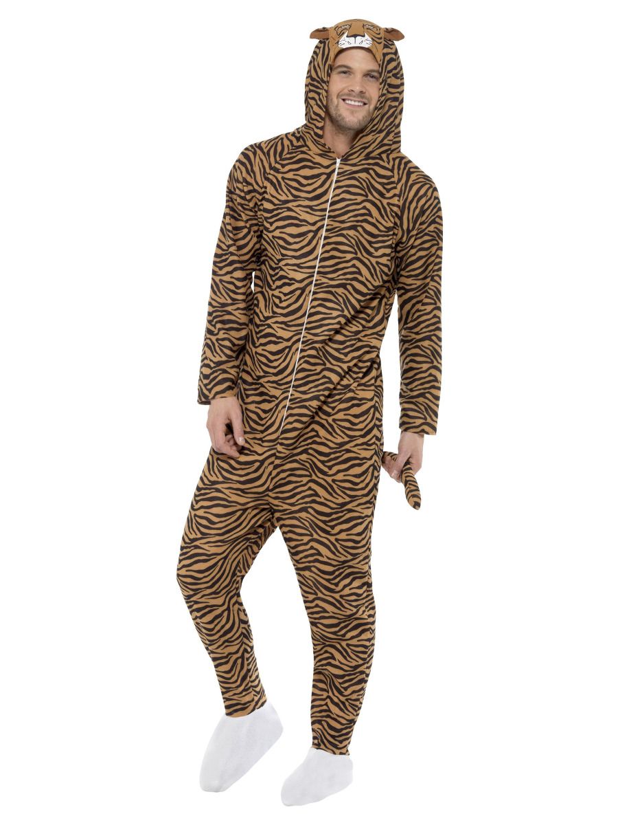 Tiigri kostüüm, kapuutsiga jumpsuit (L)