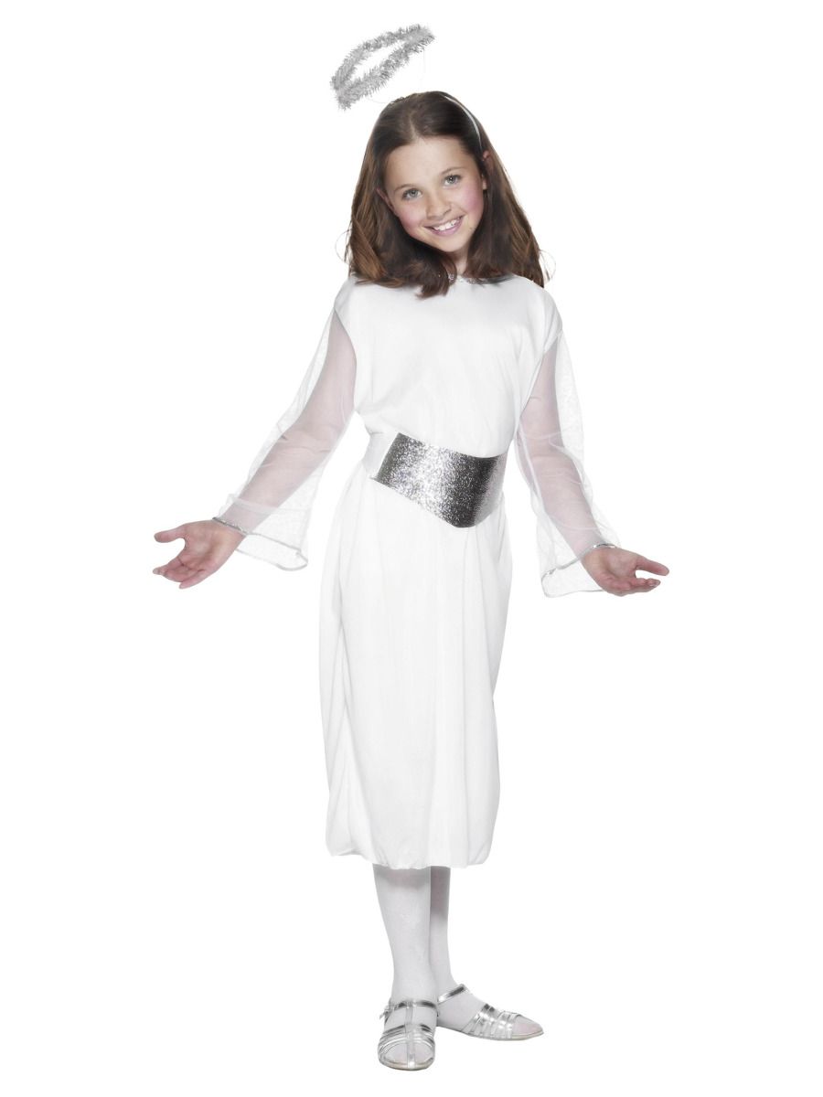 Angel costume, dress, belt and halo, white, kids (S)