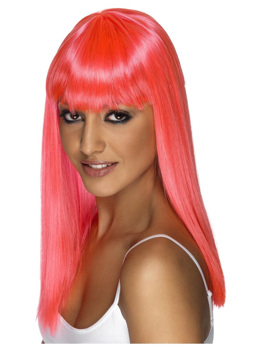 Wig with a bang, long, neon pink