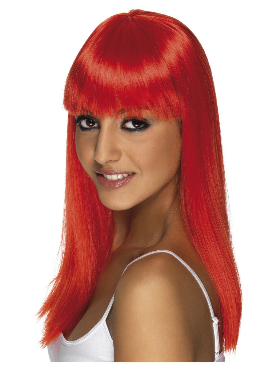Wig with a bang, long, neon red