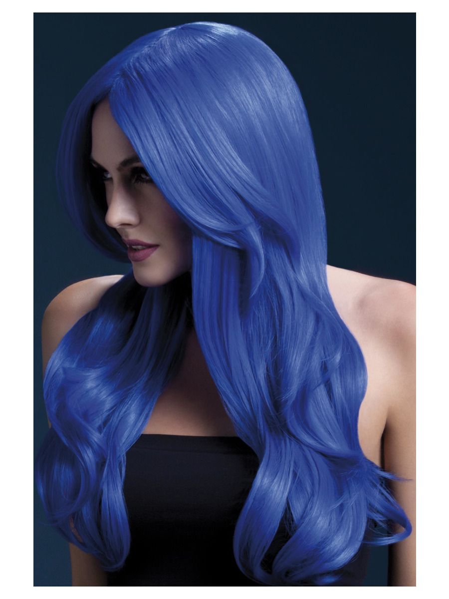 Neon blue wig (Khloe), waves at the ends, 66cm