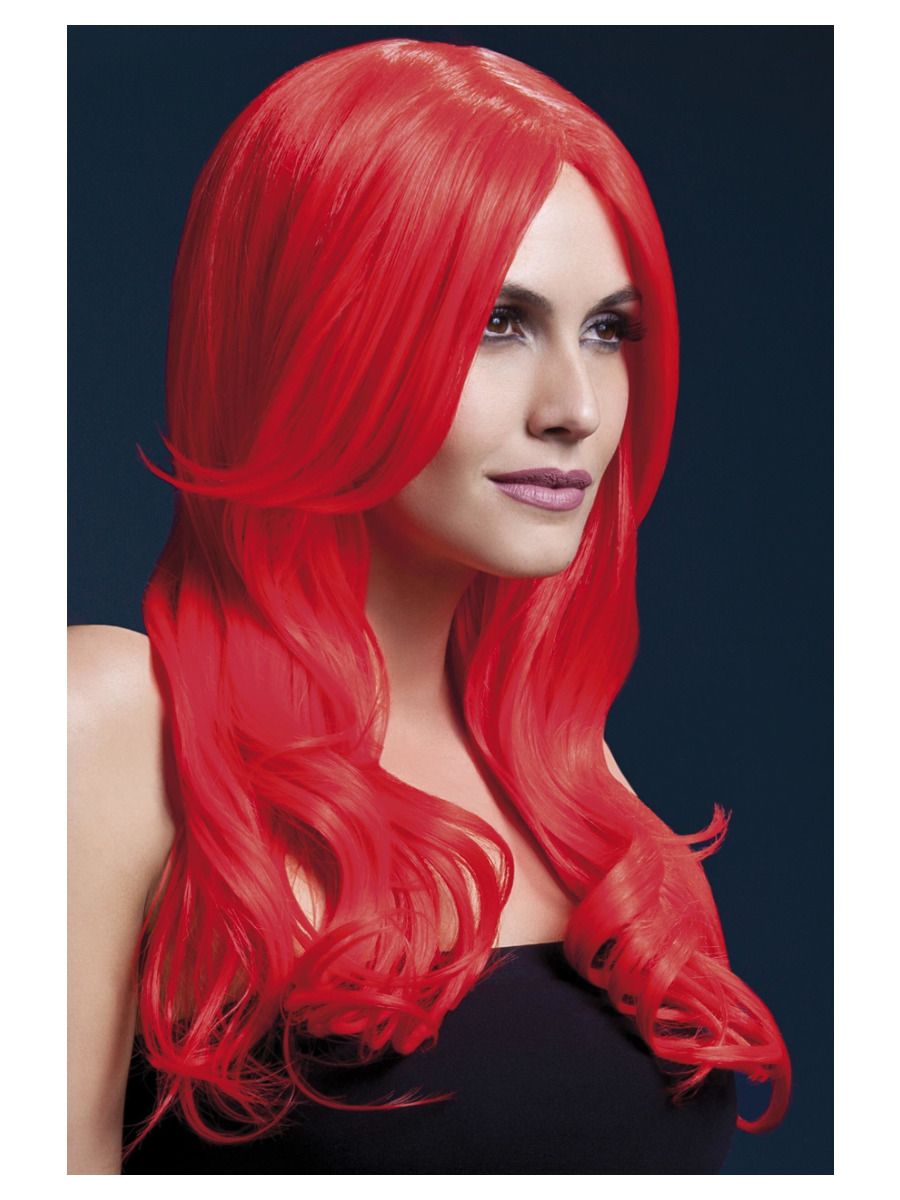 Neon red wig (Khloe), waves at the ends, 66cm