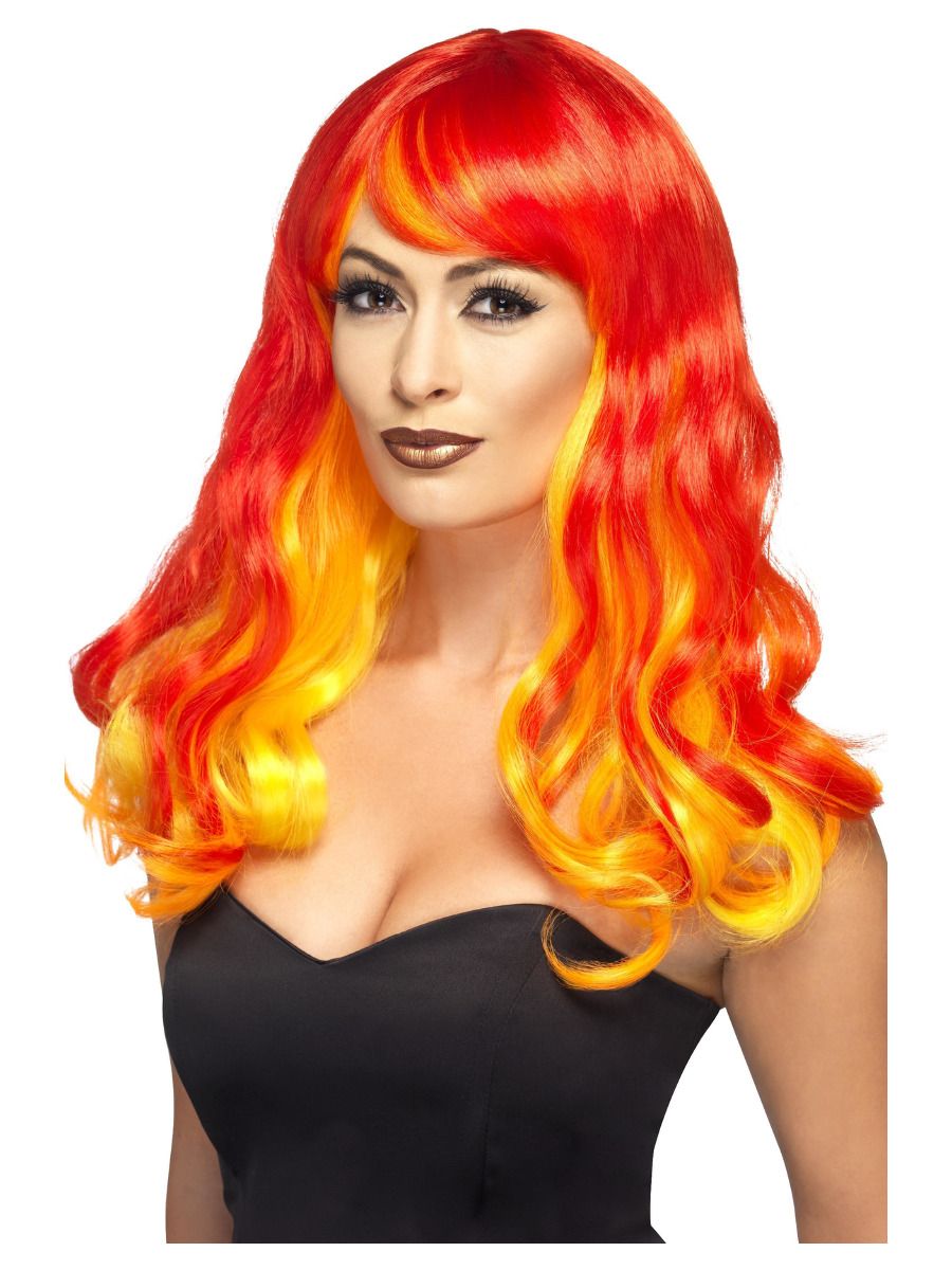 Devil flaming wig, long, ombre red-orange