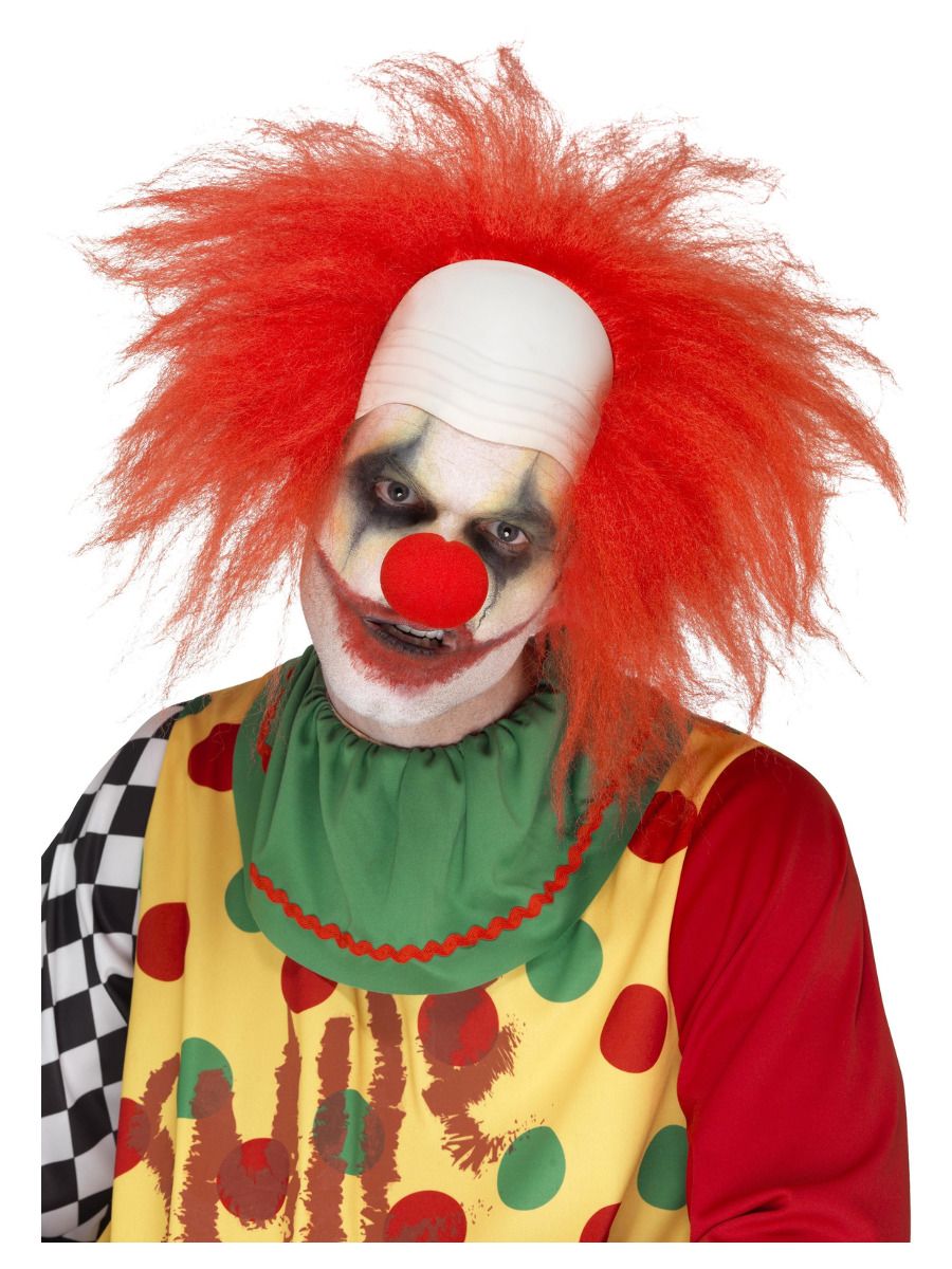 Clown wig, bald head, red