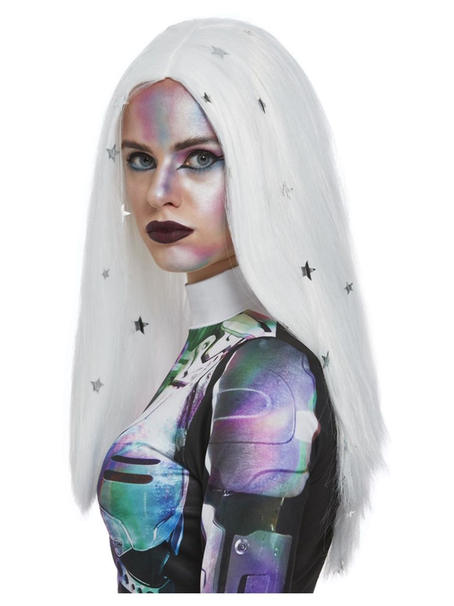 Cosmic wig, long, with stars, silver-white