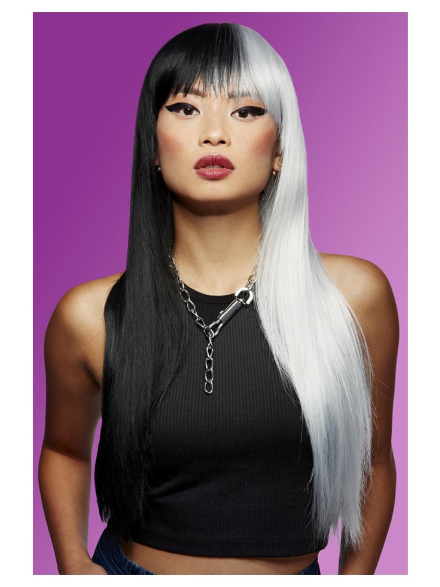 Black and white wig with bangs, straight, very long