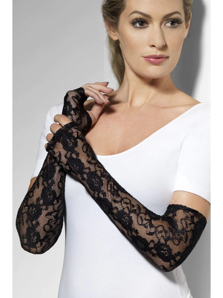 Gloves, fingerless, lace, long, black