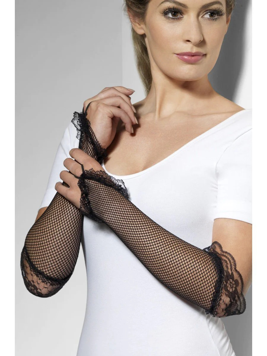 Gloves, fingerless, fishnet, long, black